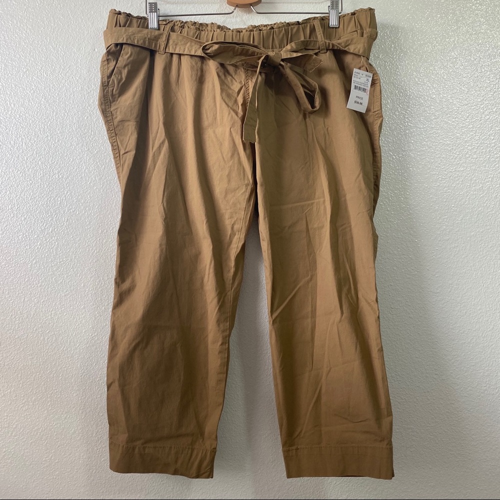 NWT Motherhood Maternity Khaki Brown Waist Tie Paper Bag Ankle Pants Womens XL